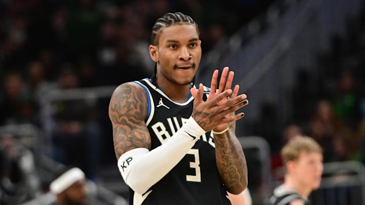 Milwaukee Bucks guard Kevin Porter reacts in the fourth quarter against the New Orleans Pelicans at Fiserv Forum on April 10.