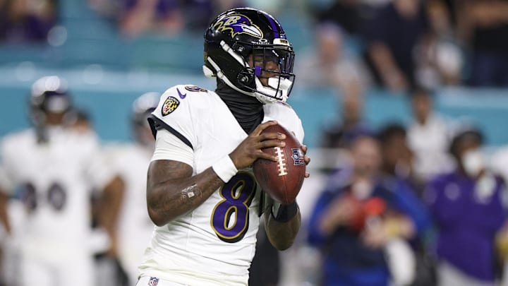 Oct 30, 2025; Miami Gardens, Florida, USA; Baltimore Ravens quarterback Lamar Jackson (8) looks to pass against the Miami Dolphins in the third quarter at Hard Rock Stadium. Mandatory Credit: Nathan Ray Seebeck-Imagn Images Oct 30, 2025; Miami Gardens, Florida, USA; Baltimore Ravens quarterback Lamar Jackson (8) looks to pass against the Miami Dolphins in the third quarter at Hard Rock Stadium. Mandatory Credit: Nathan Ray Seebeck-Imagn Images