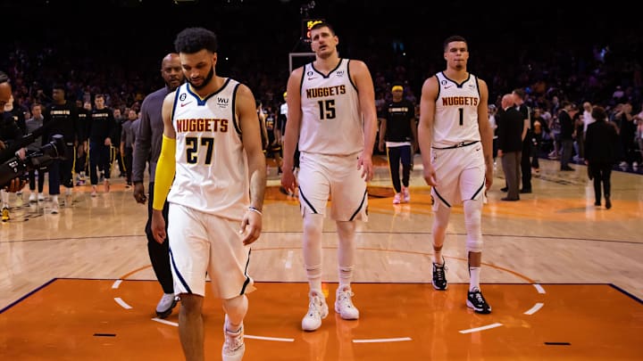 May 7, 2023; Phoenix, Arizona, USA; Denver Nuggets guard Jamal Murray (27), center Nikola Jokic (15) and forward Michael Porter Jr. (1) react against the Phoenix Suns during game four of the 2023 NBA playoffs at Footprint Center. Mandatory Credit: Mark J. Rebilas-Imagn Images May 7, 2023; Phoenix, Arizona, USA; Denver Nuggets guard Jamal Murray (27), center Nikola Jokic (15) and forward Michael Porter Jr. (1) react against the Phoenix Suns during game four of the 2023 NBA playoffs at Footprint Center. Mandatory Credit: Mark J. Rebilas-Imagn Images