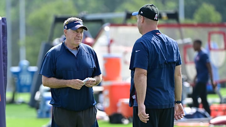 Jul 26, 2023; Foxborough, MA, USA; New England Patriots head coach Bill Belichick speaks to