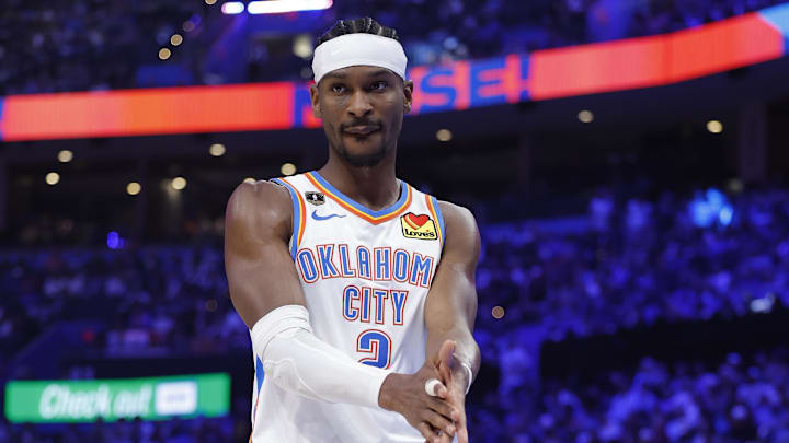 Mar 15, 2026; Oklahoma City, Oklahoma, USA; Oklahoma City Thunder guard Shai Gilgeous-Alexander (2) walks down the court before a play against the Minnesota Timberwolves during the second half at Paycom Center.