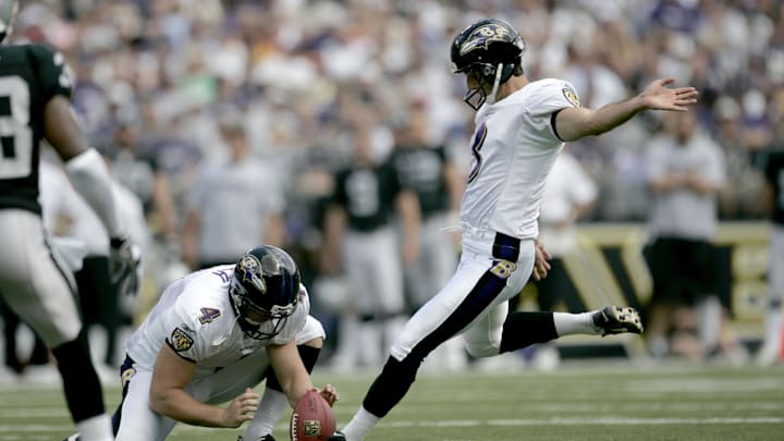 Sept 17, 2006; Baltimore, MD, USA; Baltimore Ravens kicker (3) Matt Stover kicks a field goal in the first quarter against the Oakland Raiders at M&T Bank Stadium in Baltimore, MD.  Stover kicked four field goals against the Oakland Raiders.  Mandatory Credit: James Lang-Imagn Images Copyright © James Lang