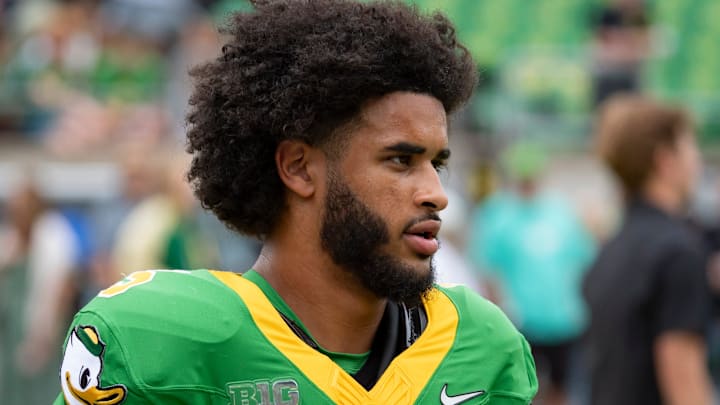 Oregon quarterback Dante Moore warms up as the Oregon Ducks host the Oklahoma State Cowboys on Sept. 6, 2025, at Autzen Stadium in Eugene, Oregon.