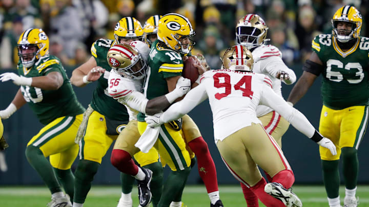 Green Bay Packers quarterback Jordan Love (10) is sacked by San Francisco 49ers defensive end Leonard Floyd (56) during their football game Sunday, November 24, 2024, at Lambeau Field in Green Bay, Wisconsin. Green Bay Packers quarterback Jordan Love (10) is sacked by San Francisco 49ers defensive end Leonard Floyd (56) during their football game Sunday, November 24, 2024, at Lambeau Field in Green Bay, Wisconsin.