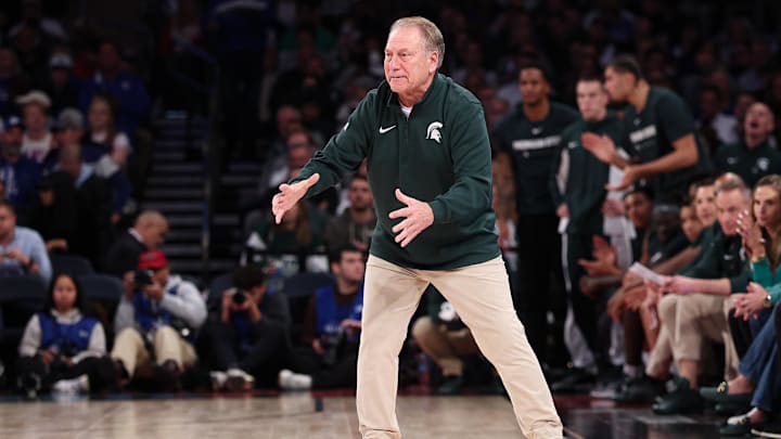 Nov 18, 2025; New York, New York, USA; Michigan State Spartans head coach Tom Izzo reacts during the second half against the Kentucky Wildcats at Madison Square Garden. Mandatory Credit: Vincent Carchietta-Imagn Images Nov 18, 2025; New York, New York, USA; Michigan State Spartans head coach Tom Izzo reacts during the second half against the Kentucky Wildcats at Madison Square Garden. Mandatory Credit: Vincent Carchietta-Imagn Images