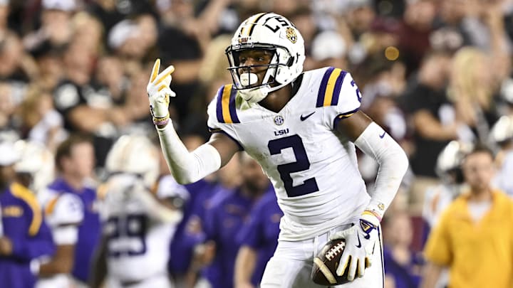Oct 26, 2024; College Station, Texas, USA; LSU Tigers wide receiver Kyren Lacy (2) reacts against the Texas A&M Aggies during the second half. The Aggies defeated the Tigers 38-23; at Kyle Field. Mandatory Credit: Maria Lysaker-Imagn Images.  
