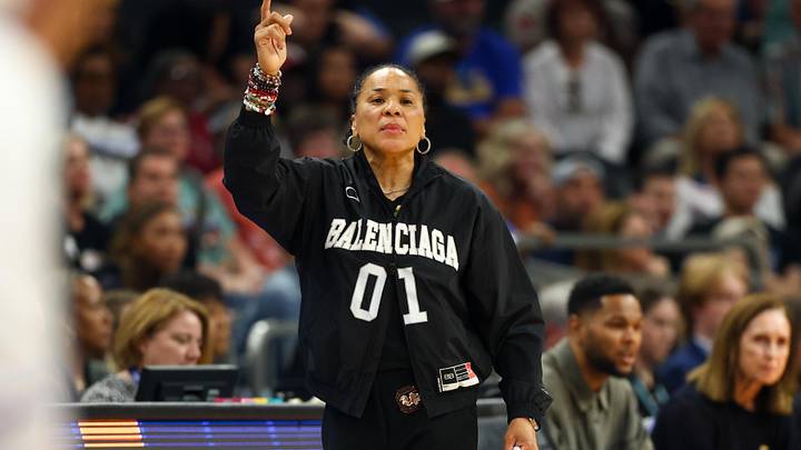 Apr 5, 2026; Phoenix, AZ, USA; South Carolina Gamecocks head coach Dawn Staley gestures in the first quarter against the UCLA Bruins during the National Championship game of the women's 2026 NCAA Tournament at Mortgage Matchup Center. Mandatory Credit: Mark J. Rebilas-Imagn Images