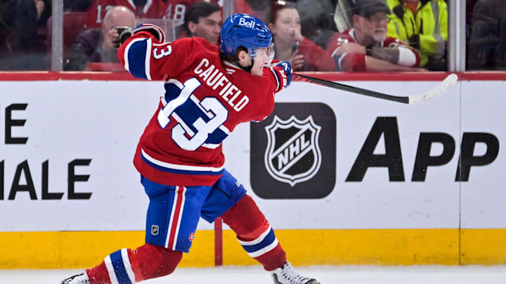 Apr 7, 2026; Montreal, Quebec, CAN; Montreal Canadiens forward Cole Caufield (13) takes a shot on net during the third period of the game against the Florida Panthers at the Bell Centre. Mandatory Credit: Eric Bolte-Imagn Images Apr 7, 2026; Montreal, Quebec, CAN; Montreal Canadiens forward Cole Caufield (13) takes a shot on net during the third period of the game against the Florida Panthers at the Bell Centre. Mandatory Credit: Eric Bolte-Imagn Images