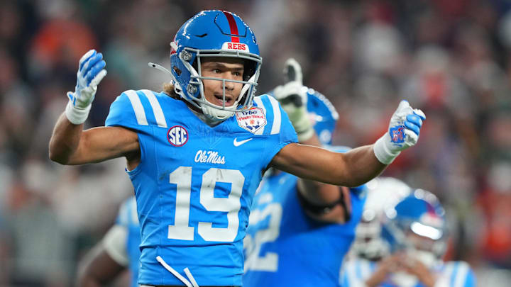 Jan 8, 2026; Glendale, AZ, USA; Mississippi Rebels wide receiver Cayden Lee (19) reacts in the second half during the 2026 Fiesta Bowl and semifinal game of the College Football Playoff at State Farm Stadium. Mandatory Credit: Joe Camporeale-Imagn Images