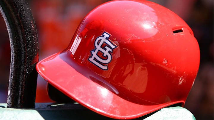 Apr 14, 2016; St. Louis, MO, USA; A St. Louis Cardinals batting helmet sits on a step during a game against the Milwaukee Brewers at Busch Stadium. The Cardinals won the game 7-0. Mandatory Credit: Billy Hurst-Imagn Images