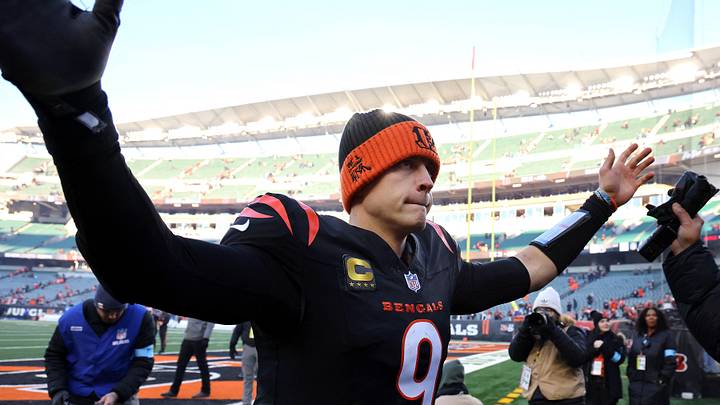 Dec 22, 2024; Cincinnati, Ohio, USA;  Cincinnati Bengals quarterback Joe Burrow (9) celebrates a win against the Cleveland Browns at Paycor Stadium. Mandatory Credit: Joseph Maiorana-Imagn Images