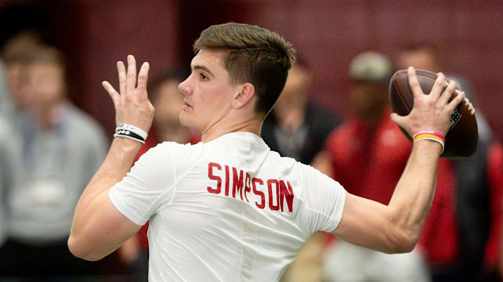 March 25, 2026; Tuscaloosa, AL, USA; Quarterback Ty Simpson throws during Pro Day in the Hank Crisp Indoor Practice Facility at the University of Alabama.