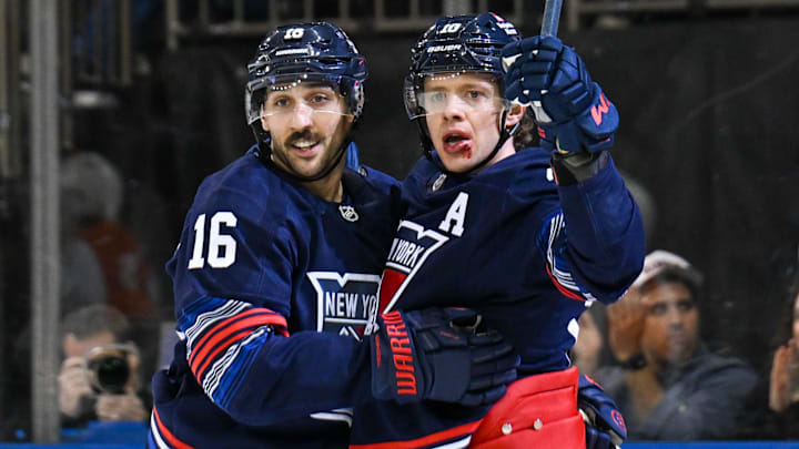 Apr 9, 2025; New York, New York, USA;  New York Rangers left wing Artemi Panarin (10) celebrates his goal with New York Rangers center Vincent Trocheck (16) against the Philadelphia Flyers during the second period at Madison Square Garden.