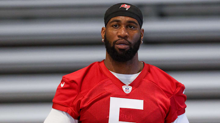 Jun 10, 2025; Tampa Bay, FL, USA; Tampa Bay Buccaneers linebacker Haason Reddick (5) participates in mini camp at AdventHealth Training Center. Mandatory Credit: Nathan Ray Seebeck-Imagn Images