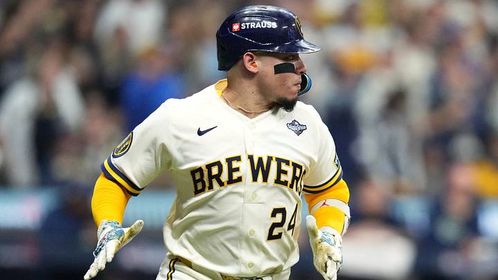 Oct 23, 2026; Milwaukee, Wisconsin, USA;  Milwaukee Brewers catcher William Contreras (24) runs the bases after hitting a single against the Tampa Bay Rays during the eighth inning in game one of the 2026 World Series at American Family Field.  Mandatory Credit: Michael McLoone-Imagn Images