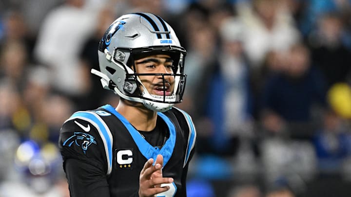 Jan 10, 2026; Charlotte, NC, USA; Carolina Panthers quarterback Bryce Young (9) reacts in the fourth quarter in an NFC Wild Card Round game at Bank of America Stadium. Mandatory Credit: Bob Donnan-Imagn Images