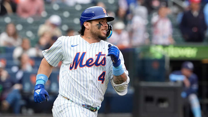 Jun 15, 2025; New York City, New York, USA; New York Mets catcher Francisco Alvarez (4) runs out a single against the Tampa Bay Rays during the ninth inning at Citi Field. Mandatory Credit: Gregory Fisher-Imagn Images