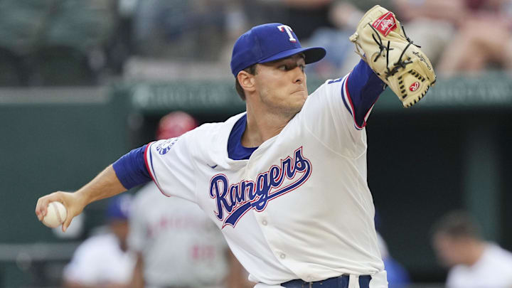 Sep 7, 2024; Arlington, Texas, USA; Texas Rangers starting pitcher Jack Leiter (35) pitches to the Los Angeles Angels during the first inning at Globe Life Field.