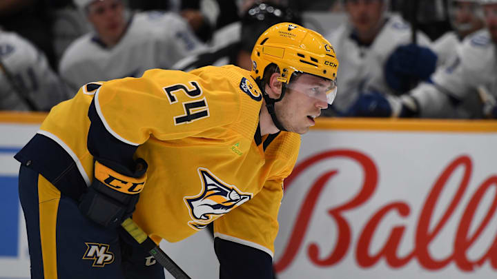 Sep 27, 2023; Nashville, Tennessee, USA; Nashville Predators defenseman Spencer Stastney (24) waits
