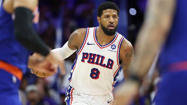 May 8, 2026; Philadelphia, Pennsylvania, USA; Philadelphia 76ers forward Paul George (8) controls the ball against the New York Knicks during the fourth quarter of game three of the second round of the 2026 NBA Playoffs at Xfinity Mobile Arena. Mandatory Credit: Bill Streicher-Imagn Images