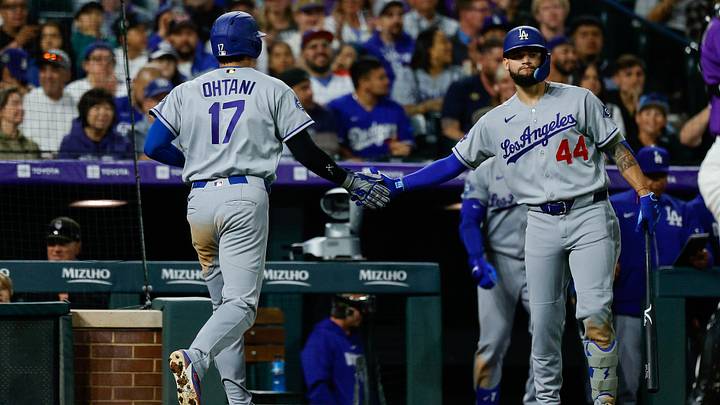 Apr 20, 2026; Denver, Colorado, USA; Los Angeles Dodgers designated hitter Shohei Ohtani (17) celebrates with center fielder Andy Pages (44) after being driven in on an RBI in the eighth inning against the Colorado Rockies at Coors Field. Mandatory Credit: Isaiah J. Downing-Imagn Images Apr 20, 2026; Denver, Colorado, USA; Los Angeles Dodgers designated hitter Shohei Ohtani (17) celebrates with center fielder Andy Pages (44) after being driven in on an RBI in the eighth inning against the Colorado Rockies at Coors Field. Mandatory Credit: Isaiah J. Downing-Imagn Images