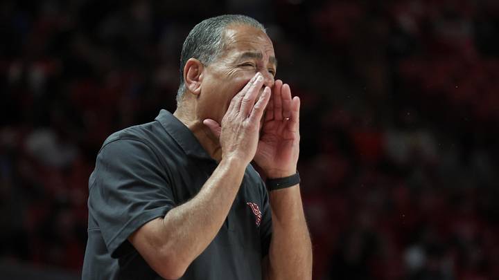 Dec 21, 2024; Houston, Texas, USA; Houston Cougars head coach Kelvin Sampson reacts against the Texas A&M-CC Islanders in the first half at Fertitta Center. Mandatory Credit: Thomas Shea-Imagn Images