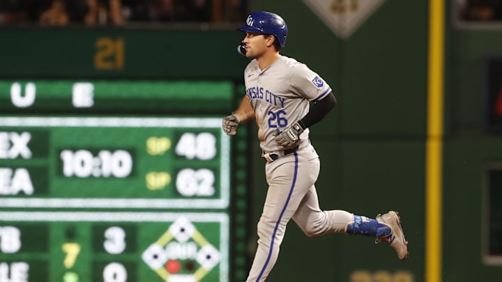 Sep 13, 2024; Pittsburgh, Pennsylvania, USA;  Kansas City Royals third baseman Adam Frazier (26) circles the bases on a solo home run against the Pittsburgh Pirates during the eighth inning at PNC Park. Mandatory Credit: Charles LeClaire-Imagn Images