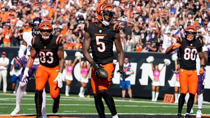 Cincinnati Bengals wide receiver Tee Higgins (5) makes a touchdown over the Baltimore Ravens in the 3rd quarter Sunday October 6, 2024 at Payor Stadium. The Bengals lost 41-38 in overtime.
