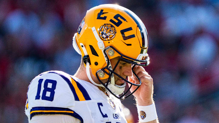 LSU quarterback Garrett Nussmeier (18) walks across the field during a college football game between Ole Miss and LSU at Vaught-Hemingway Stadium in Oxford, Miss., on Saturday, Sept. 27, 2025. Ole Miss defeated LSU 24-19.