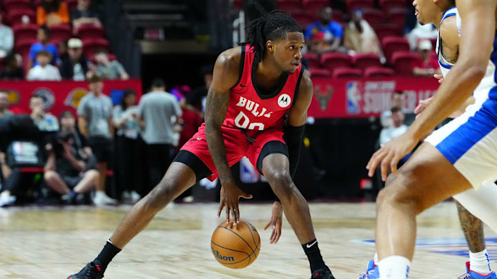 Jul 14, 2024; Las Vegas, NV, USA; Chicago Bulls guard DJ Steward (00) dribbles against the Golden State Warriors during the second quarter at Thomas & Mack Center. Mandatory Credit: Stephen R. Sylvanie-USA TODAY Sports