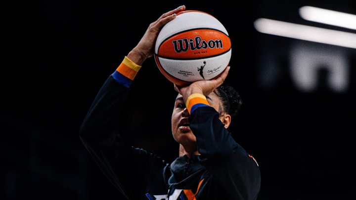 Jul 27, 2025; Washington, District of Columbia, USA; Phoenix Mercury forward Satou Sabally (0) warms up before the game against the Washington Mystics at CareFirst Arena. Mandatory Credit: Emily Faith Morgan-Imagn Images