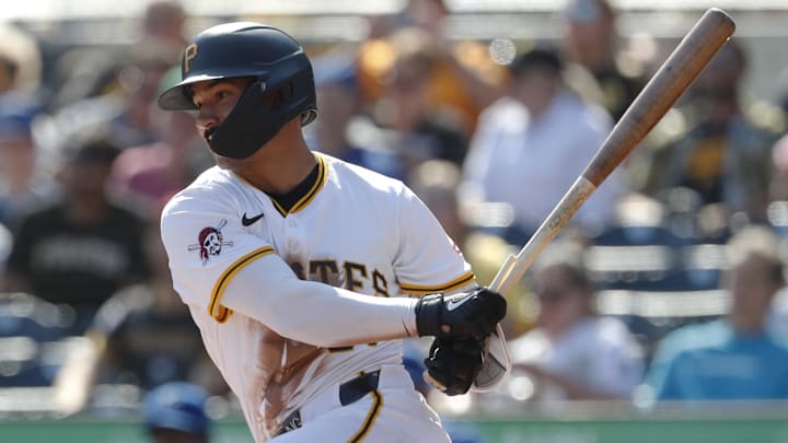 Pittsburgh Pirates second baseman Nick Gonzales (39) drives in a run with a sacrifice fly against the Kansas City Royals during the fifth inning at PNC Park. 