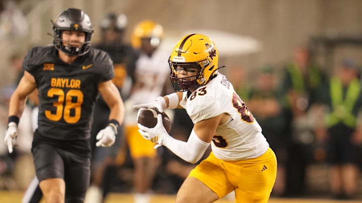 Sep 20, 2025; Waco, Texas, USA; Arizona State Sun Devils wide receiver Derek Eusebio (83) makes a catch ahead of Baylor Bears safety Jacob Redding (38) during the second half at McLane Stadium. Mandatory Credit: Chris Jones-Imagn Images