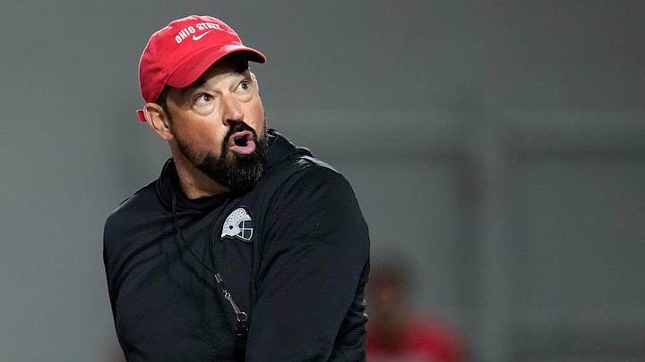 Ohio State Buckeyes head coach Ryan Day reacts during the first day of spring workouts for the 2026 football season at Woody Hayes Athletic Complex in Columbus on March 10, 2026.