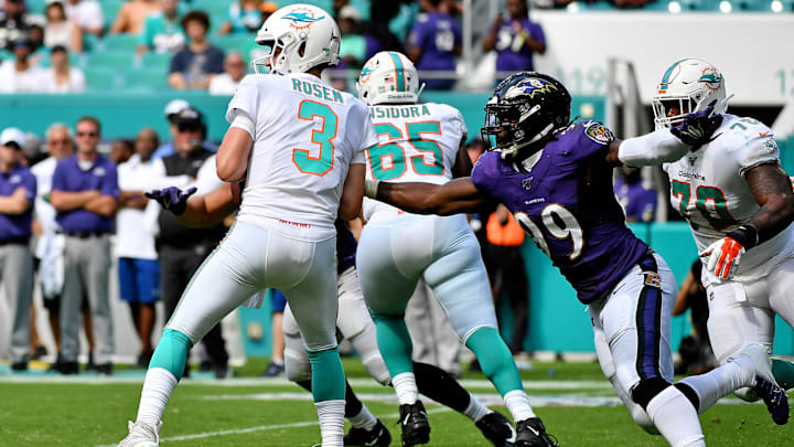 Sep 8, 2019; Miami Gardens, FL, USA; Baltimore Ravens outside linebacker Matt Judon (99) rushes in to sack Miami Dolphins quarterback Josh Rosen (3) during the second half at Hard Rock Stadium. Mandatory Credit: Jasen Vinlove-Imagn Images Sep 8, 2019; Miami Gardens, FL, USA; Baltimore Ravens outside linebacker Matt Judon (99) rushes in to sack Miami Dolphins quarterback Josh Rosen (3) during the second half at Hard Rock Stadium. Mandatory Credit: Jasen Vinlove-Imagn Images