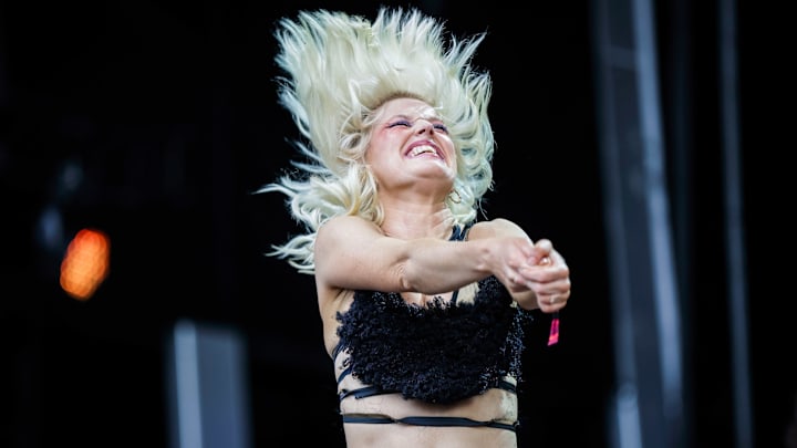 Singer Amy Taylor of the band Amyl and the Sniffers performs...