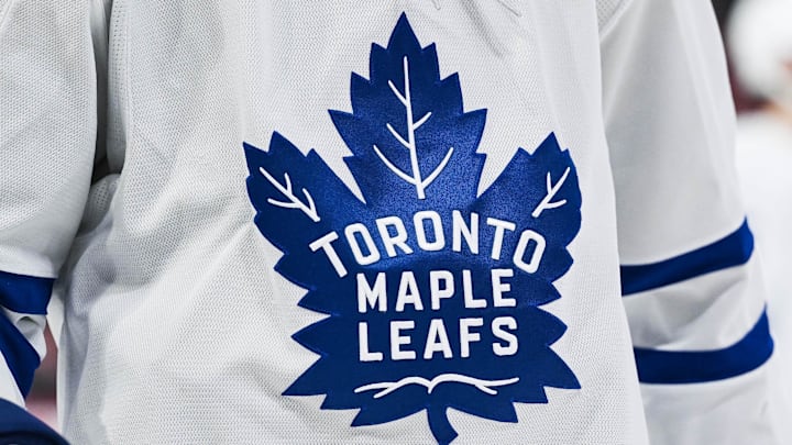 Jan 18, 2025; Montreal, Quebec, CAN; View of a Toronto Maple Leafs logo on a jersey worn by a member of the team during the second period at Bell Centre. Mandatory Credit: David Kirouac-Imagn Images