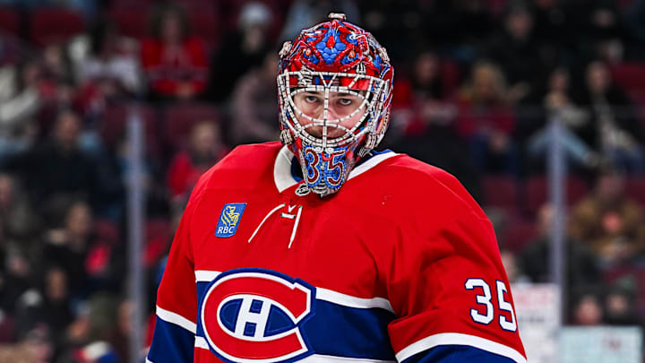 Feb 26, 2026; Montreal, Quebec, CAN; Montreal Canadiens goalie Samuel Montembeault (35) looks on during warm-up before the game against the New York Islanders at Bell Centre. Mandatory Credit: David Kirouac-Imagn Images