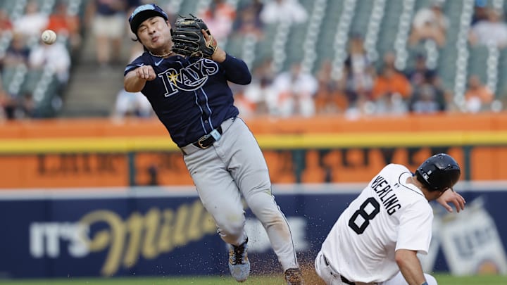 Ha-Seong Kim of Tampa Bay Rays throws ball to first base against Detroit Tigers Ha-Seong Kim of Tampa Bay Rays throws ball to first base against Detroit Tigers