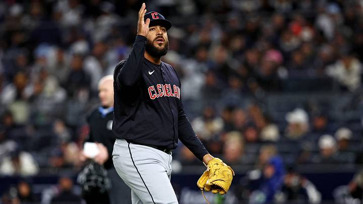 Oct 14, 2024: Cleveland Guardians pitcher Pedro Avila (60) walks off the field after being relieved during the sixth inning against the New York Yankees in game one of the ALCS for the 2024 MLB Playoffs at Yankee Stadium. Mandatory Credit: Wendell Cruz-Imagn Images