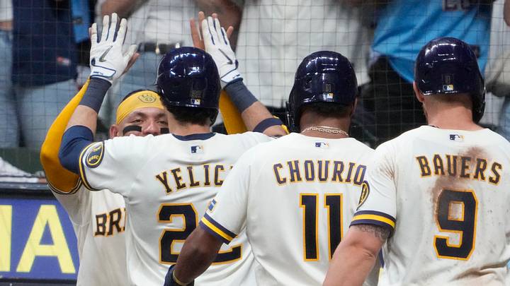 Aug 18, 2026; Milwaukee, Wisconsin, USA; Milwaukee Brewers catcher William Contreras (24) congratulates designated hitter Christian Yelich (22) after hitting a home run against the Seattle Mariners in the fifth inning at American Family Field. Mandatory Credit: Michael McLoone-Imagn Images Aug 18, 2026; Milwaukee, Wisconsin, USA; Milwaukee Brewers catcher William Contreras (24) congratulates designated hitter Christian Yelich (22) after hitting a home run against the Seattle Mariners in the fifth inning at American Family Field. Mandatory Credit: Michael McLoone-Imagn Images