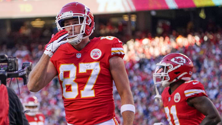 Nov 21, 2021; Kansas City, Missouri, USA; Kansas City Chiefs tight end Travis Kelce (87) celebrates after scoring against the Dallas Cowboys during the first half at GEHA Field at Arrowhead Stadium. Mandatory Credit: Denny Medley-Imagn Images