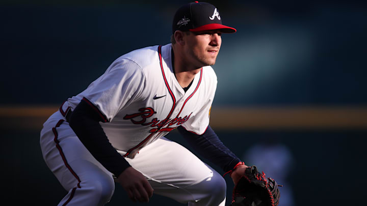 Atlanta Braves third baseman Austin Riley (27) in action against the Cincinnati Reds in the first inning at Truist Park.