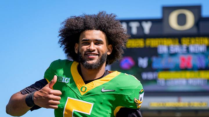 Oregon quarterback Dante Moore walks off the field during the Oregon Ducks annual spring game on April 25, 2026 at Autzen Stadium in Eugene, Oregon.