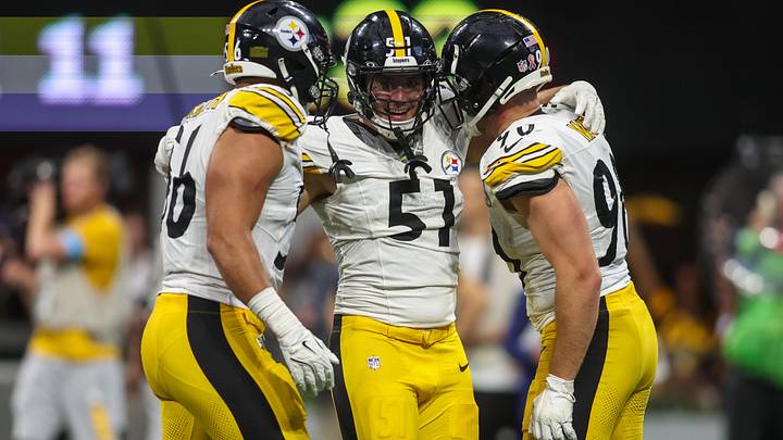 Pittsburgh Steelers linebackers Alex Highsmith, Nick Herbig, and linebacker T.J. Watt celebrate after a victory over Atlanta. Pittsburgh Steelers linebackers Alex Highsmith, Nick Herbig, and linebacker T.J. Watt celebrate after a victory over Atlanta.