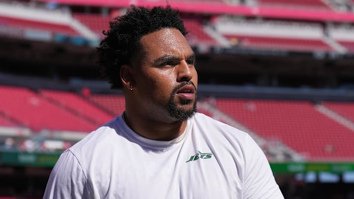 Sep 9, 2024; Santa Clara, California, USA; New York Jets guard Alijah Vera-Tucker (75) before the game against the San Francisco 49ers at Levi's Stadium. Mandatory Credit: Darren Yamashita-Imagn Images