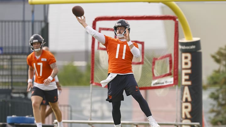 Jul 24, 2025; Lake Forest, IL, USA; Chicago Bears quarterback Case Keenum (11) passes the ball during training camp at Halas Hall. Mandatory Credit: Kamil Krzaczynski-Imagn Images