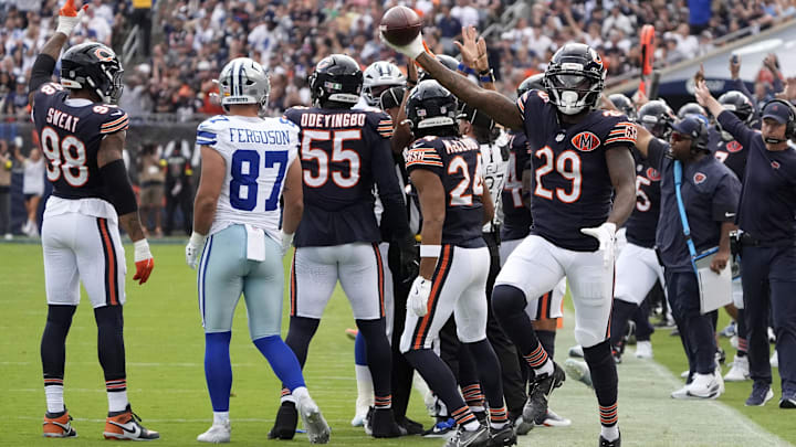 Tyrique Stevenson reacts after stealing the ball from Dallas' Javonte Williams at Soldier Field in Week 3.