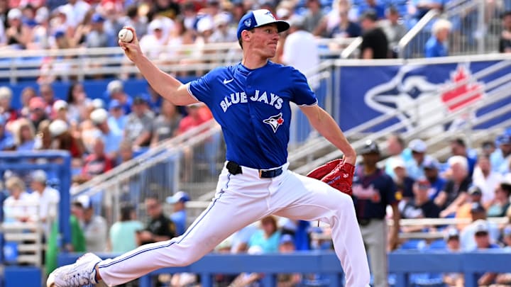 Mar 2, 2024; Dunedin, Florida, USA; Toronto Blue Jays pitcher Chris Bassit (40) throws a pitch in the first inning of the spring training  game against the Atlanta Braves at TD Ballpark. Mandatory Credit: Jonathan Dyer-Imagn Images