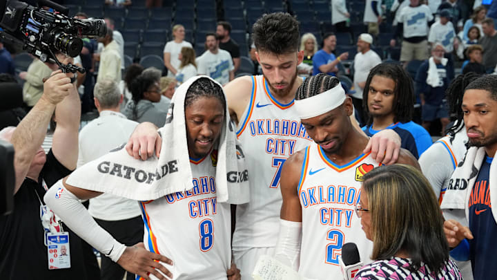 May 26, 2025; Minneapolis, Minnesota, USA; Oklahoma City Thunder forward Jalen Williams (8), forward Chet Holmgren (7) and guard Shai Gilgeous-Alexander (2) talk to the media after defeating the Minnesota Timberwolves in game four of the western conference finals for the 2025 NBA Playoffs at Target Center. Mandatory Credit: Jesse Johnson-Imagn Images May 26, 2025; Minneapolis, Minnesota, USA; Oklahoma City Thunder forward Jalen Williams (8), forward Chet Holmgren (7) and guard Shai Gilgeous-Alexander (2) talk to the media after defeating the Minnesota Timberwolves in game four of the western conference finals for the 2025 NBA Playoffs at Target Center. Mandatory Credit: Jesse Johnson-Imagn Images